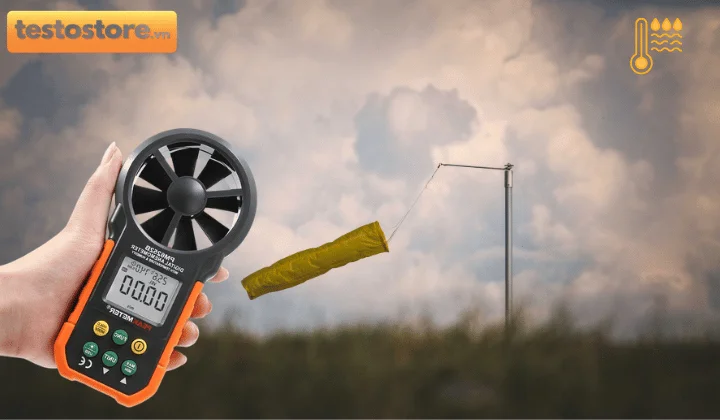 Máy đo tốc độ gió đa thông số hiển thị vận tốc gió, nhiệt độ và lưu lượng không khí